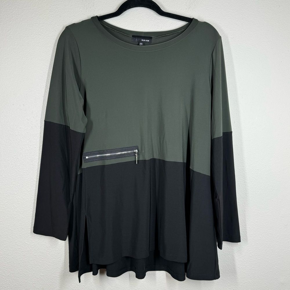 Sun Kim Color Block Tunic Too Long Sleeve Shirt Slinky Knit Black Green Medium